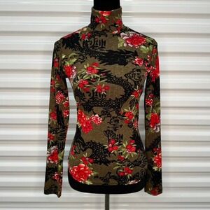 Y2K Olive Green Floral Dragon Print Micro Mesh Turtleneck Long Sleeve